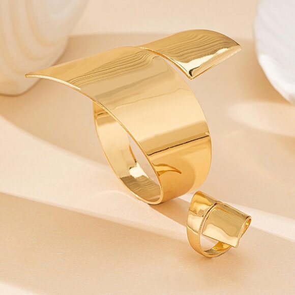 Gold Jewelry Set Alloy Bangle and Ring Statement Elegant for Women - Picture 6 of 7